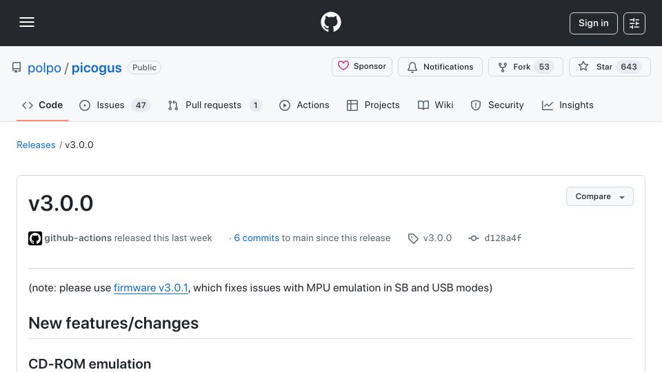 Screenshot of github.com: PicoGUS gets CD-ROM emulation