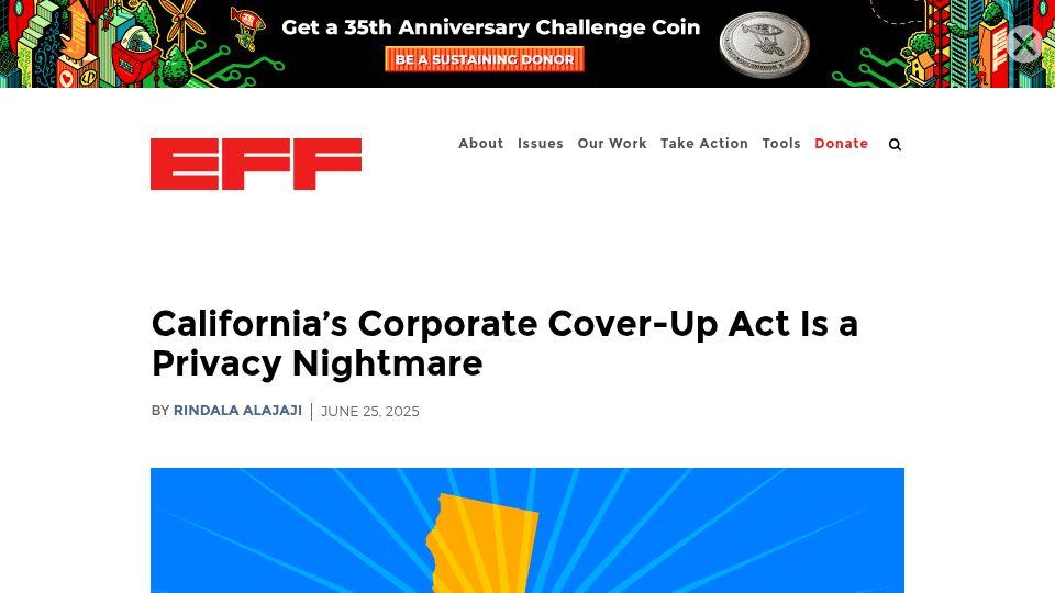 Screenshot of eff.org: California's Corporate Cover-Up Act Is a Privacy Nightmare