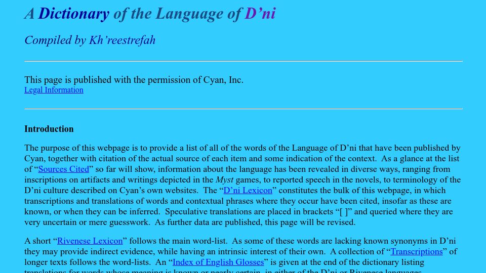 Screenshot of eldalamberon.com: A Dictionary of the Language of Myst's D'ni