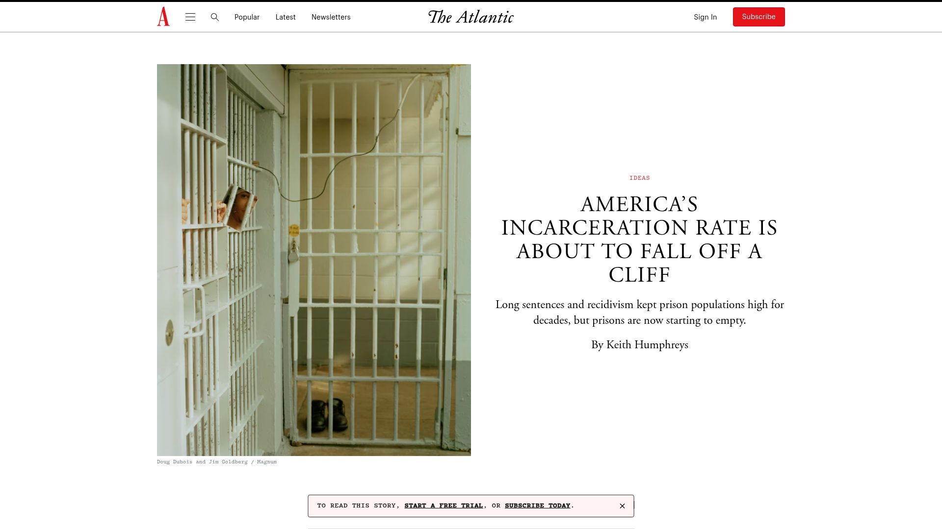 Screenshot of theatlantic.com: America’s incarceration rate is in decline