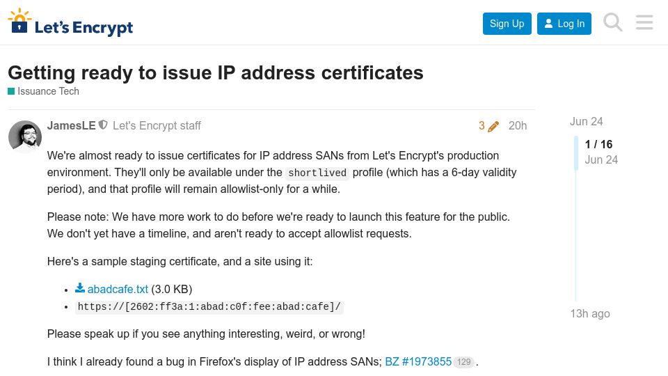 Screenshot of community.letsencrypt.org: Getting ready to issue IP address certificates