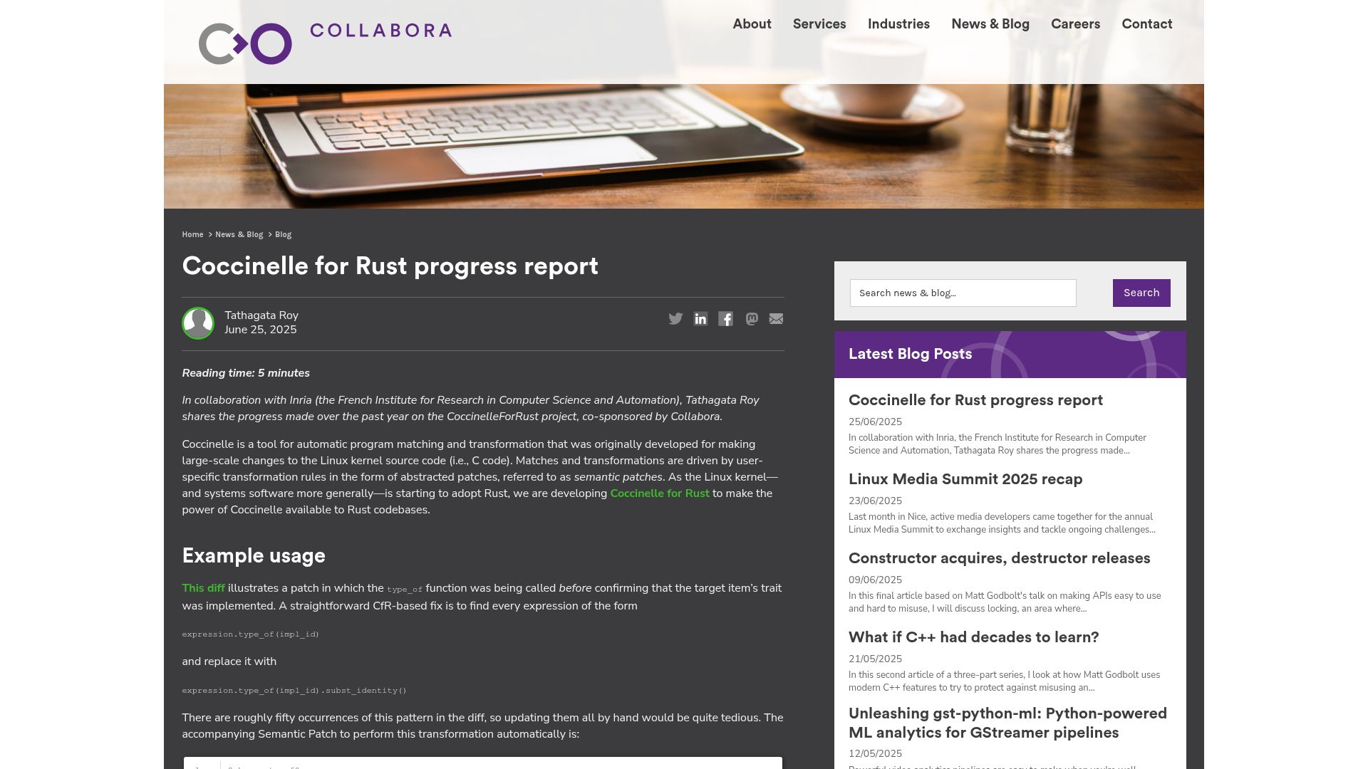 Screenshot of collabora.com: Coccinelle for Rust progress report