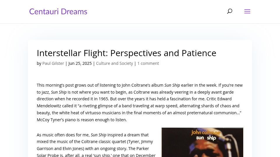 Screenshot of centauri-dreams.org: Interstellar Flight: Perspectives and Patience