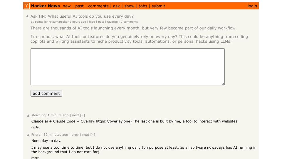Screenshot of Hacker News post: Ask HN: What useful AI tools do you use every day?