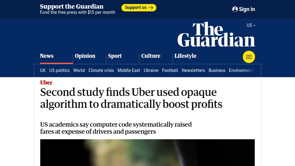 Screenshot of theguardian.com: Second study finds Uber used opaque algorithm to dramatically boost profits