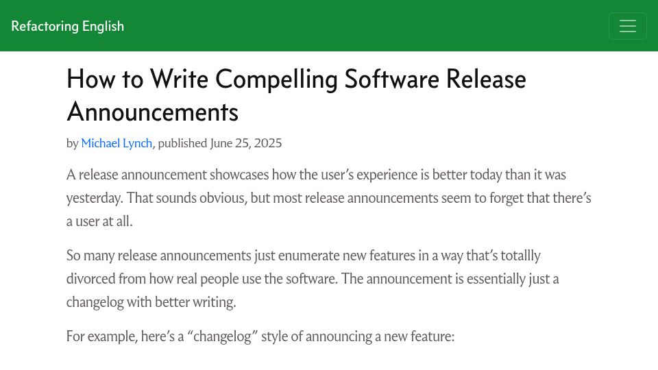 Screenshot of refactoringenglish.com: How to Write Compelling Release Announcements