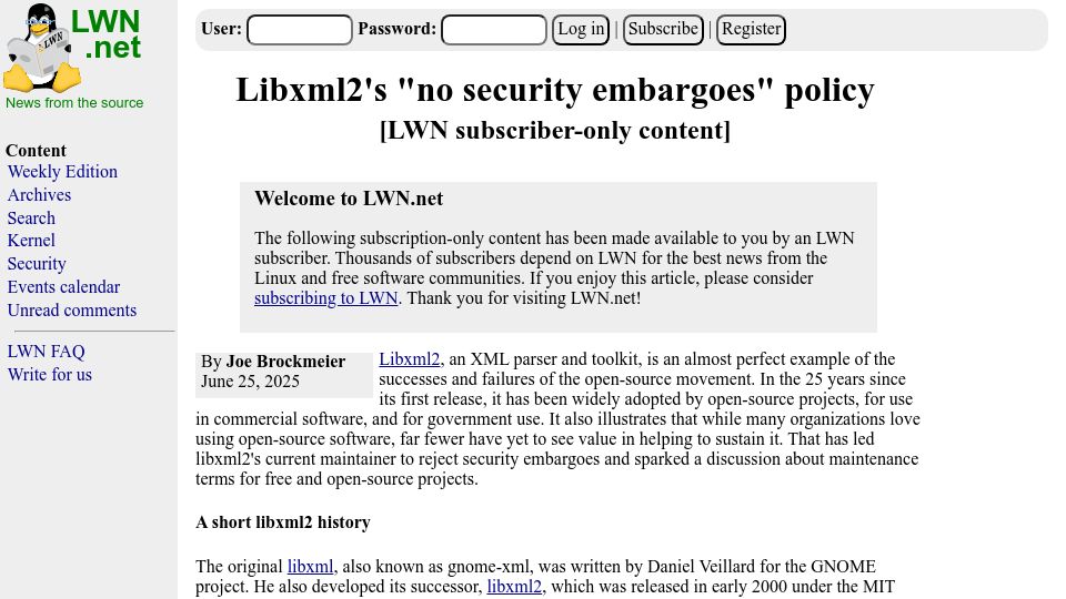 Screenshot of lwn.net: Libxml2's "no security embargoes" policy