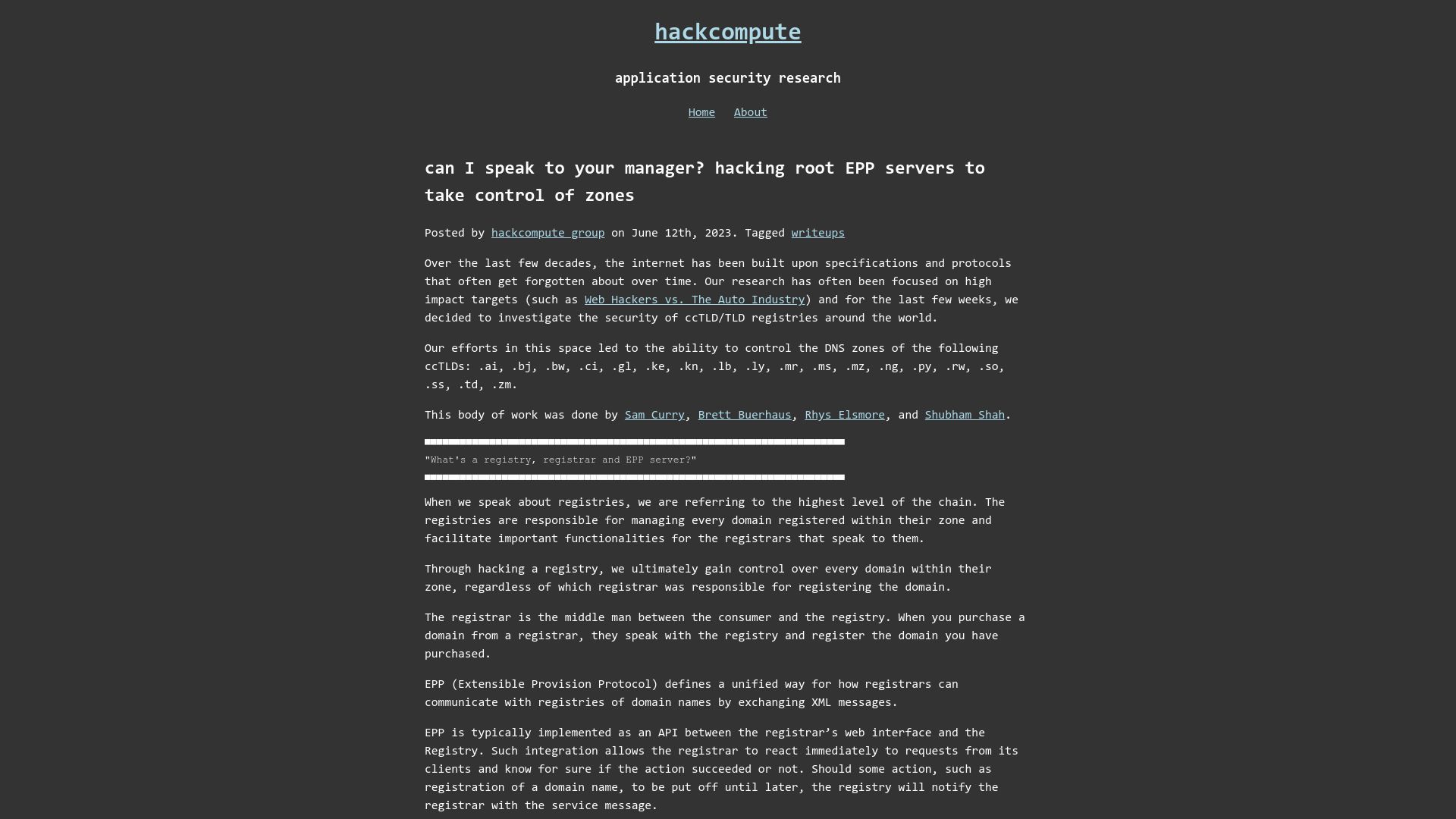 Screenshot of hackcompute.com: Hacking TLD EPP registry servers (2023)