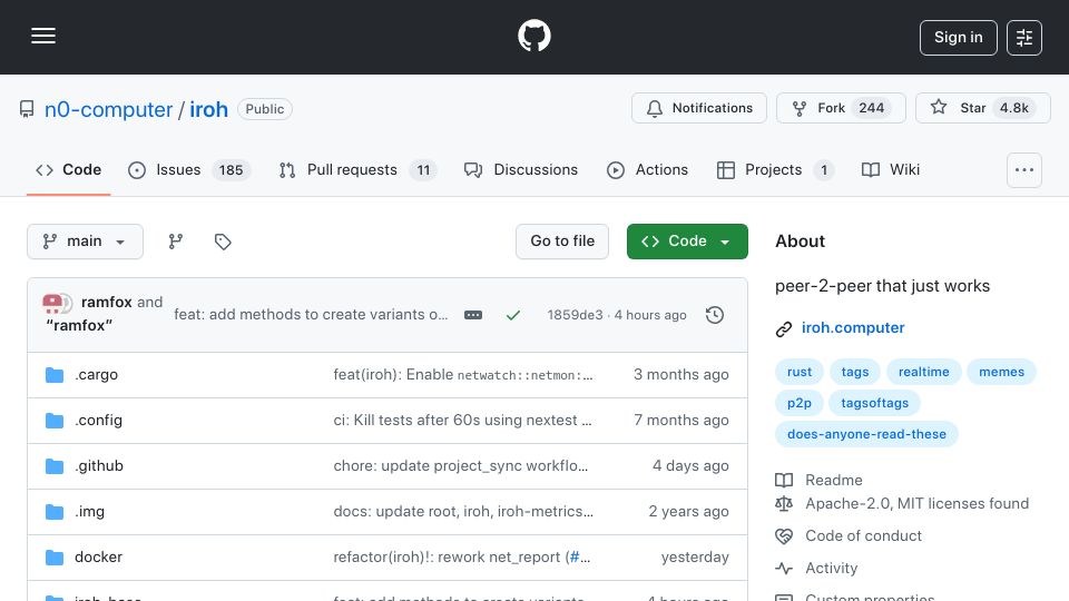 Screenshot of github.com: Iroh: A library to establish direct connection between peers
