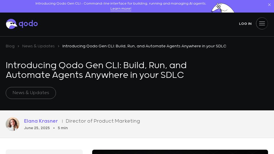 Screenshot of qodo.ai: Introducing Qodo Gen CLI: Build and Run Coding Agents Anywhere in the SDLC