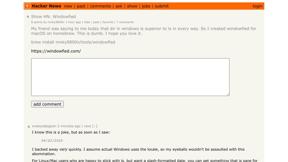 Screenshot of Hacker News post: Show HN: Windowfied