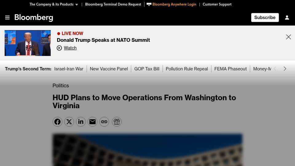 Screenshot of bloomberg.com: NSF getting kicked out of headquarters by HUD