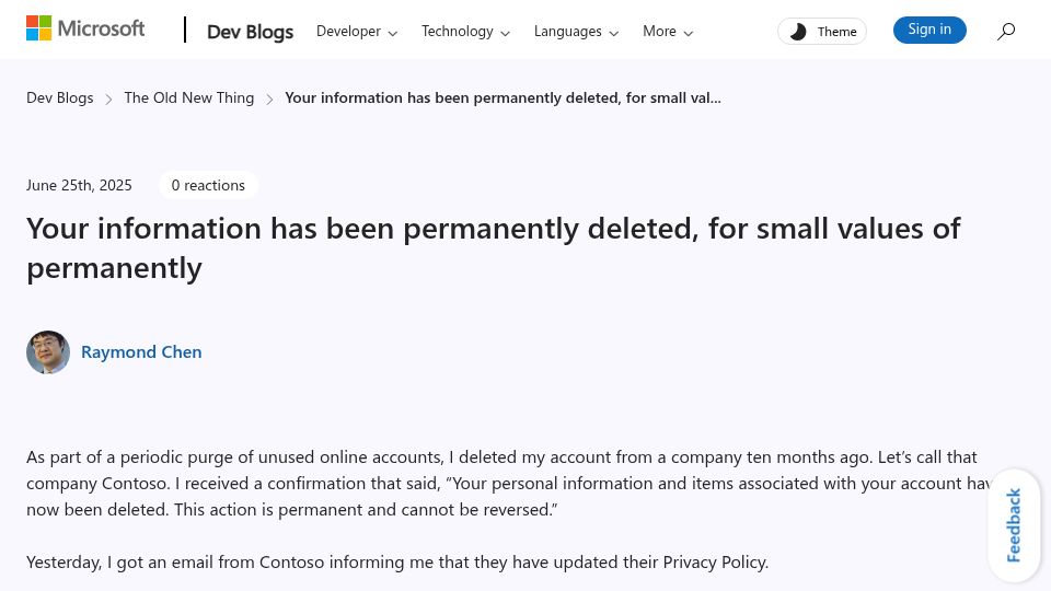 Screenshot of devblogs.microsoft.com: Information has been permanently deleted, for small values of permanently