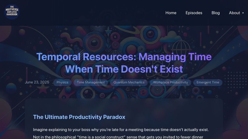Screenshot of multiverseemployeehandbook.com: Managing time when time doesn't exist