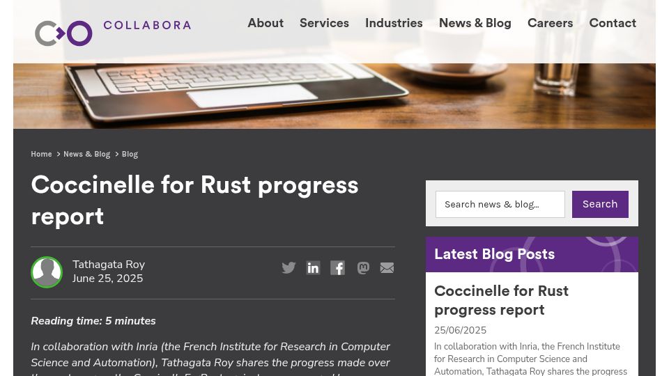 Screenshot of collabora.com: Coccinelle for Rust progress report