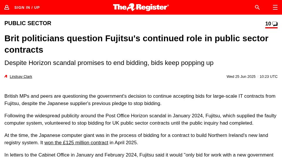 Screenshot of theregister.com: Brit politicians question Fujitsu's continued role in public sector contracts