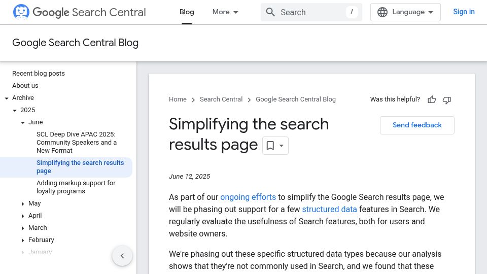 Screenshot of developers.google.com: Google removes fact checking from search results