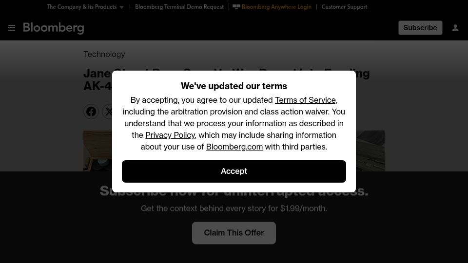 Screenshot of bloomberg.com: Jane Street Boss Says He Was Duped into Funding AK-47s for Coup