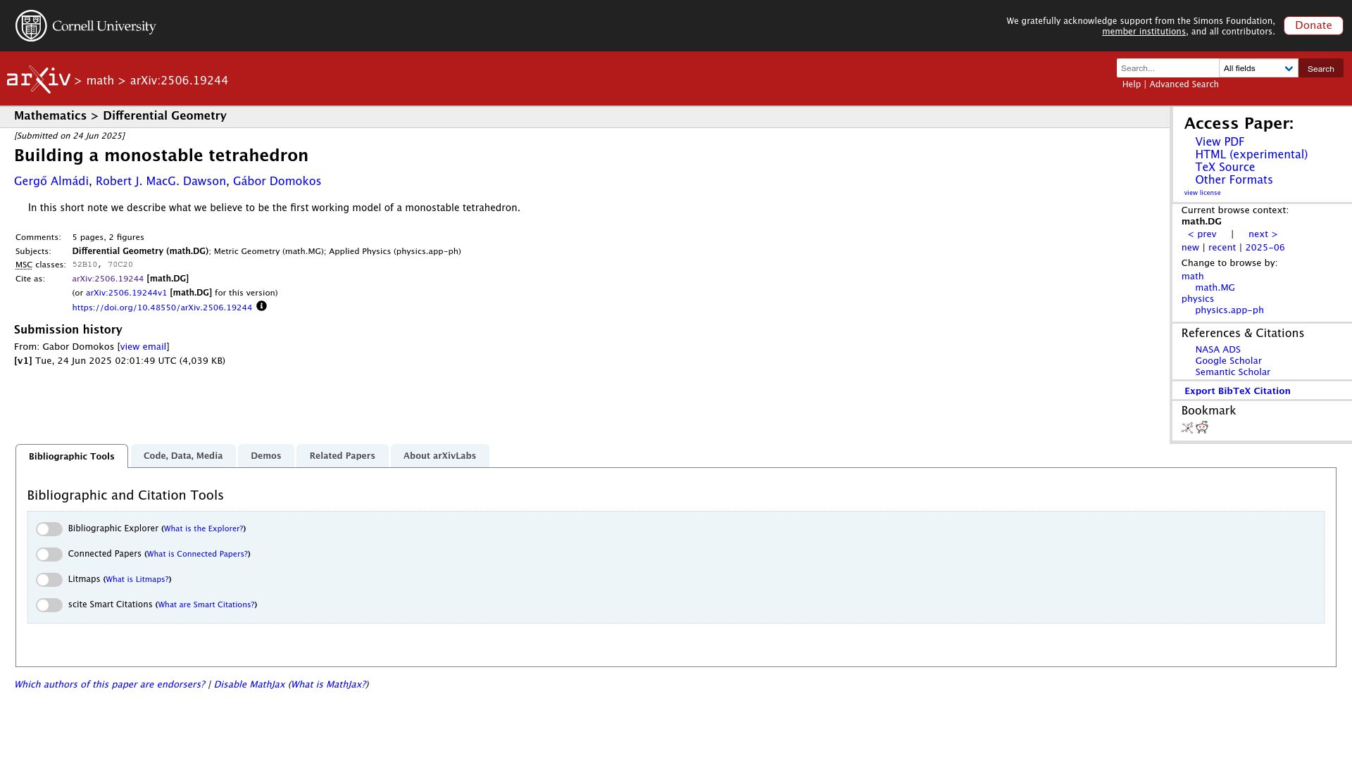 Screenshot of arxiv.org: Building a Monostable Tetrahedron