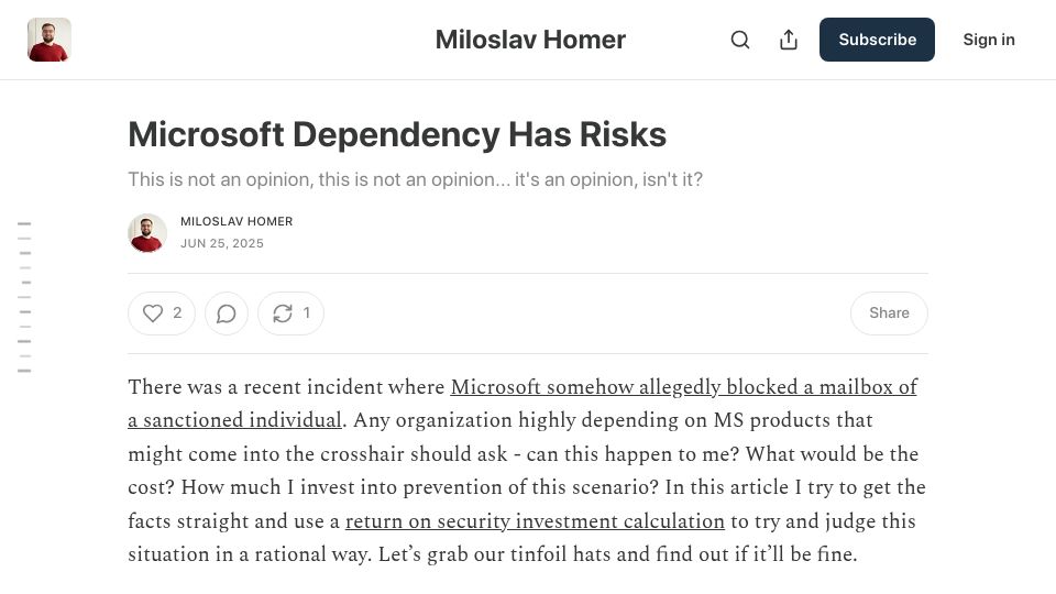 Screenshot of blog.miloslavhomer.cz: Microsoft Dependency Has Risks