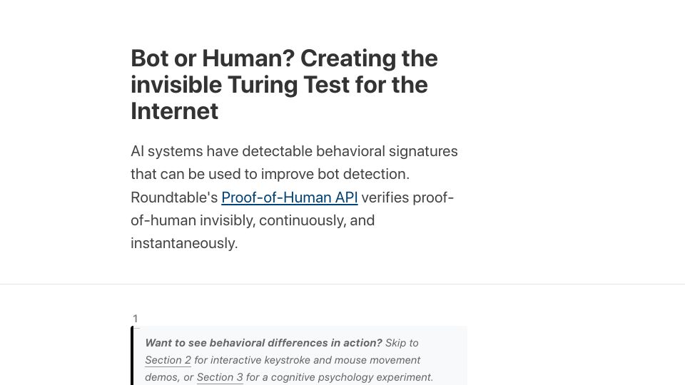 Screenshot of research.roundtable.ai: Bot or human? Creating an invisible Turing test for the internet
