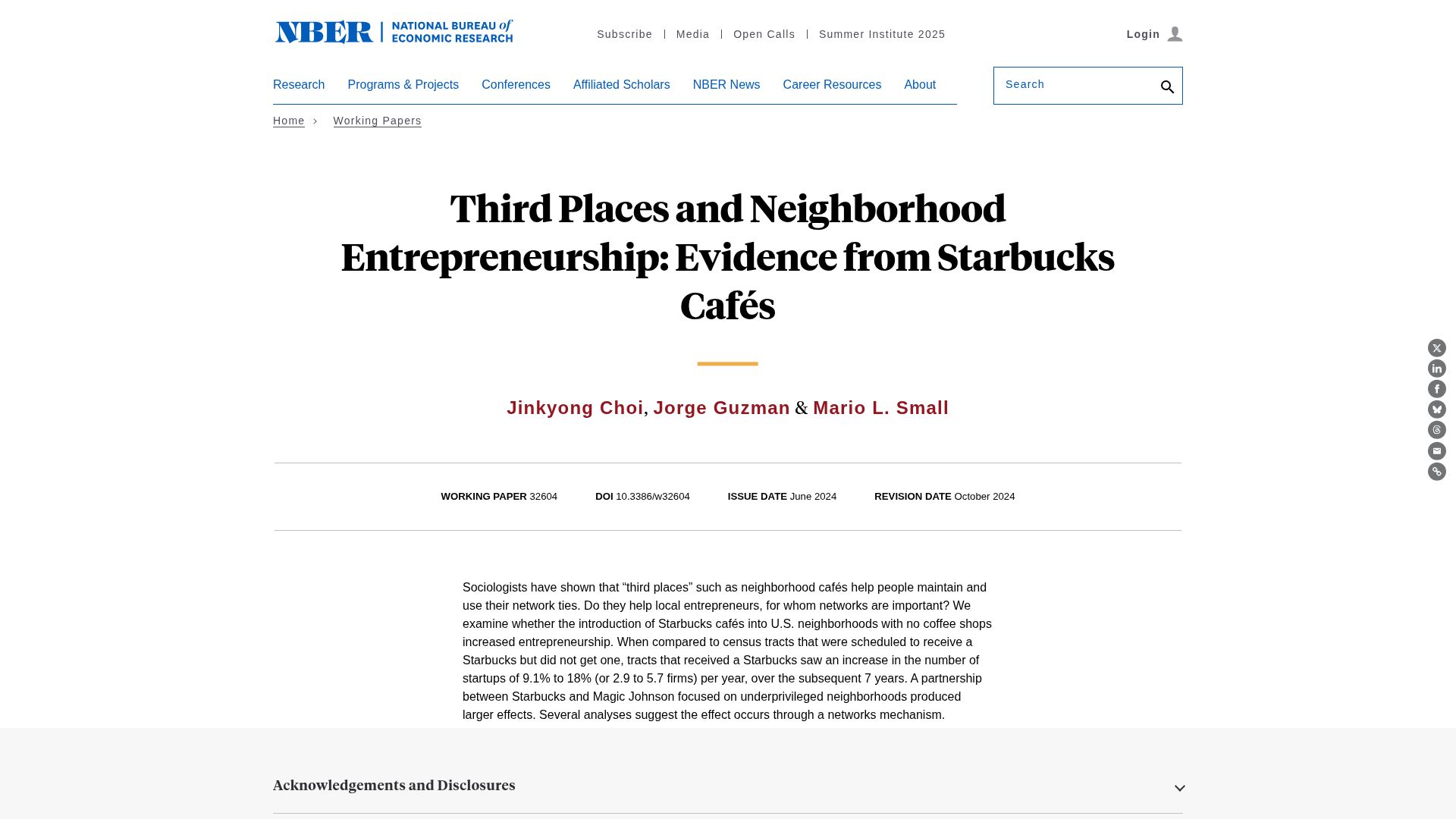 Screenshot of nber.org: Third places and neighborhood entrepreneurship (2024)