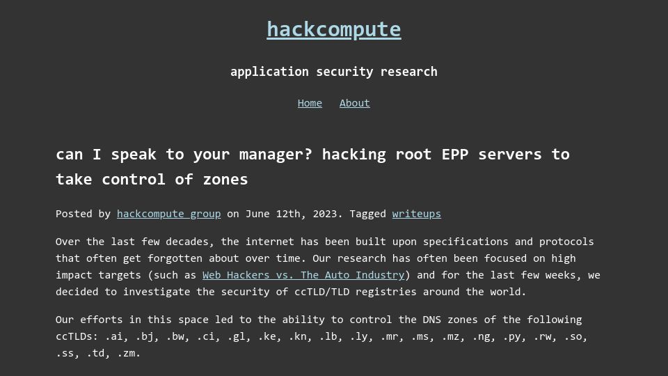 Screenshot of hackcompute.com: Hacking TLD EPP registry servers (2023)