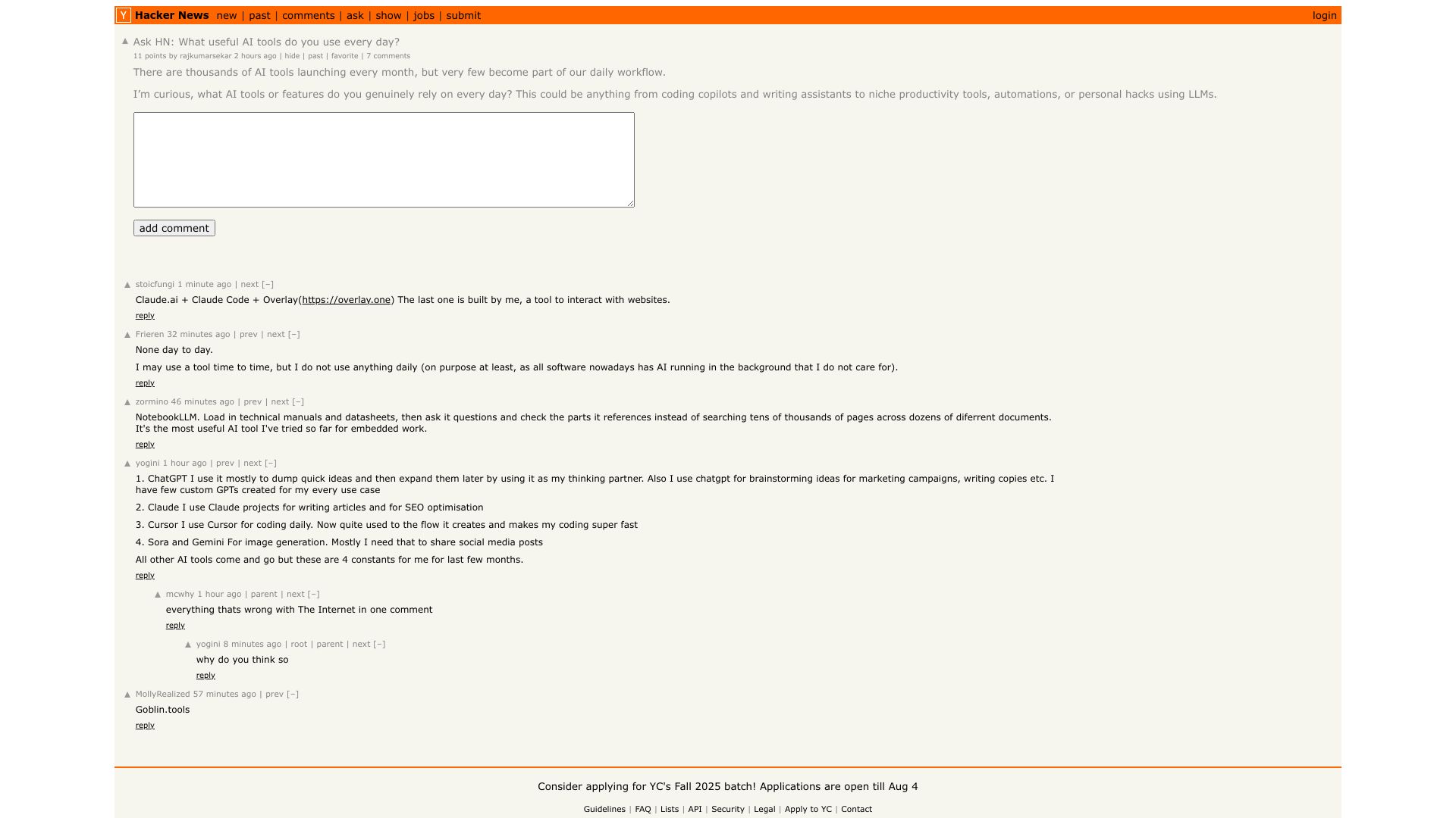 Screenshot of this Hacker News post: Ask HN: What useful AI tools do you use every day?