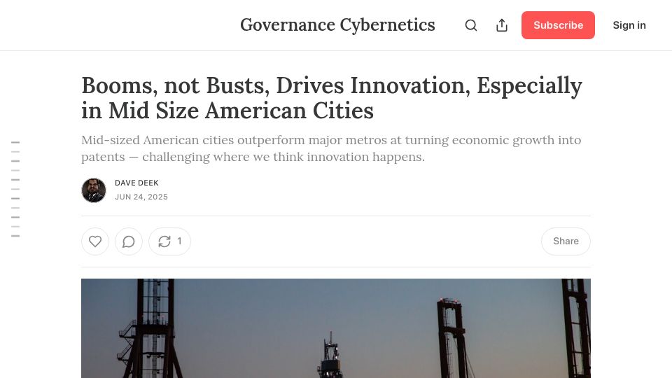 Screenshot of governance.fyi: Mid-sized cities outperform major metros at turning economic growth into patents