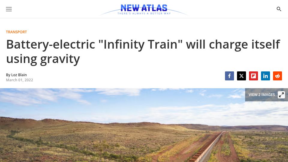 Screenshot of newatlas.com: Battery-electric "Infinity Train" will charge itself using gravity