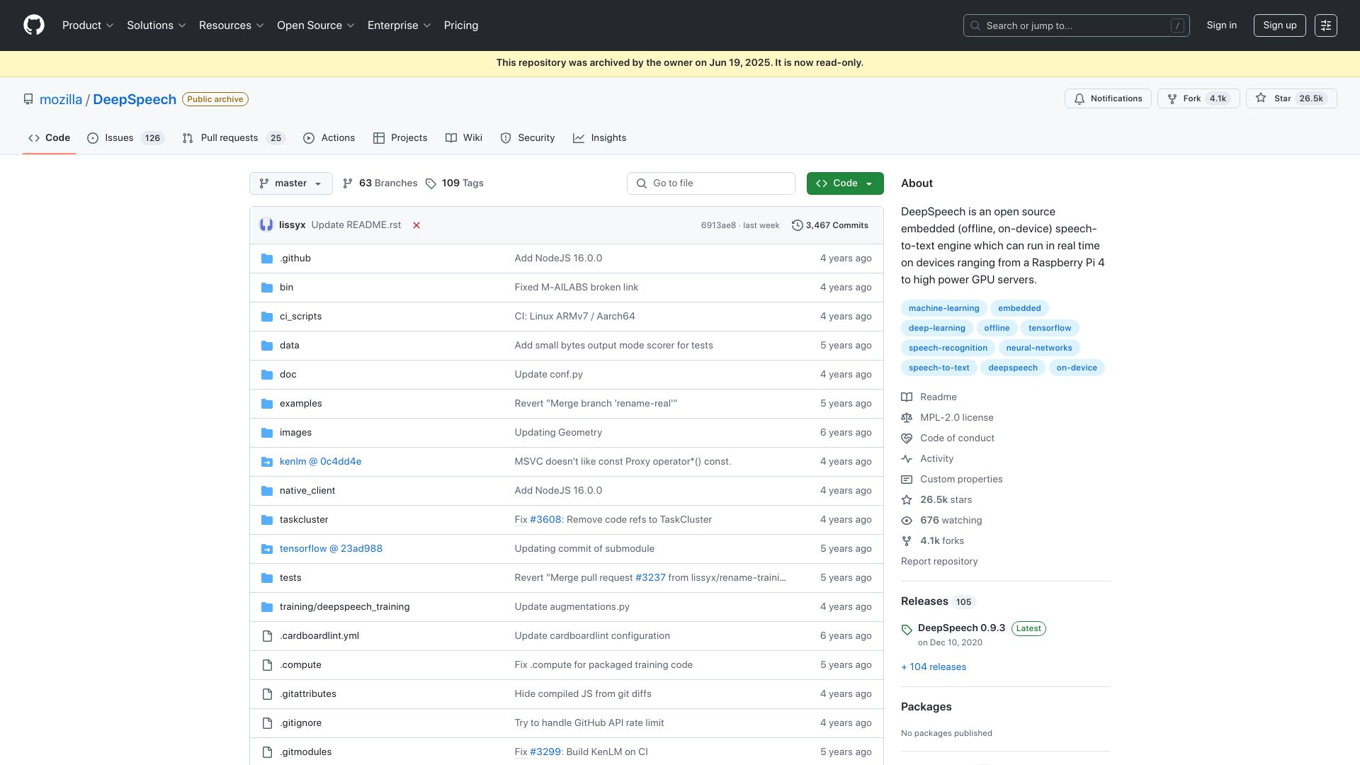 Screenshot of github.com: DeepSpeech Is Discontinued (2020)