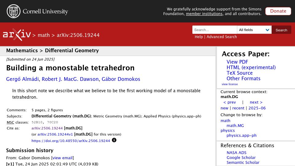 Screenshot of arxiv.org: Building a Monostable Tetrahedron