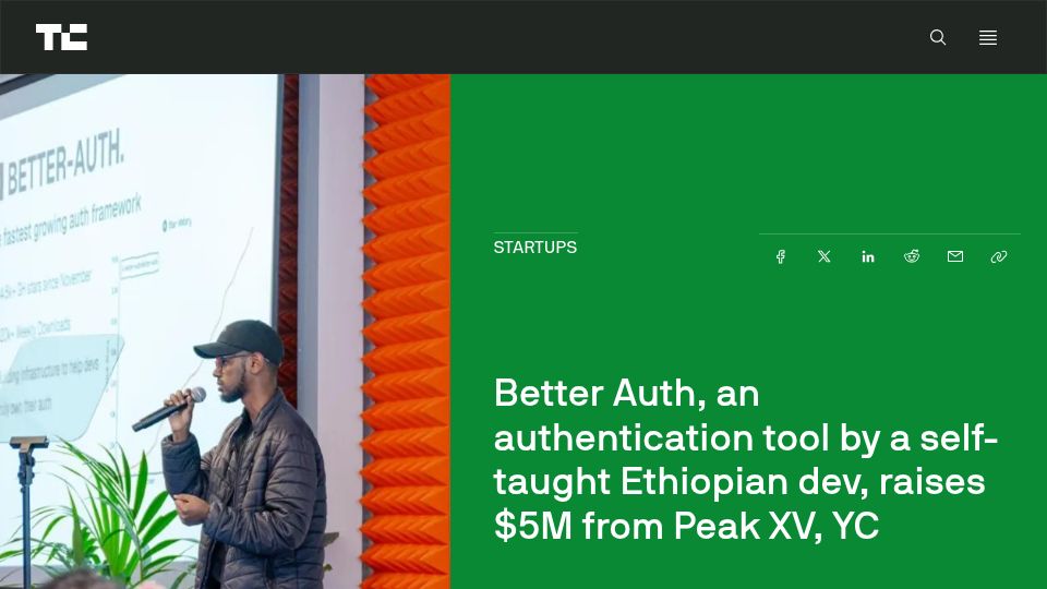 Screenshot of techcrunch.com: Better Auth, by a self-taught Ethiopian dev, raises $5M from Peak XV, YC