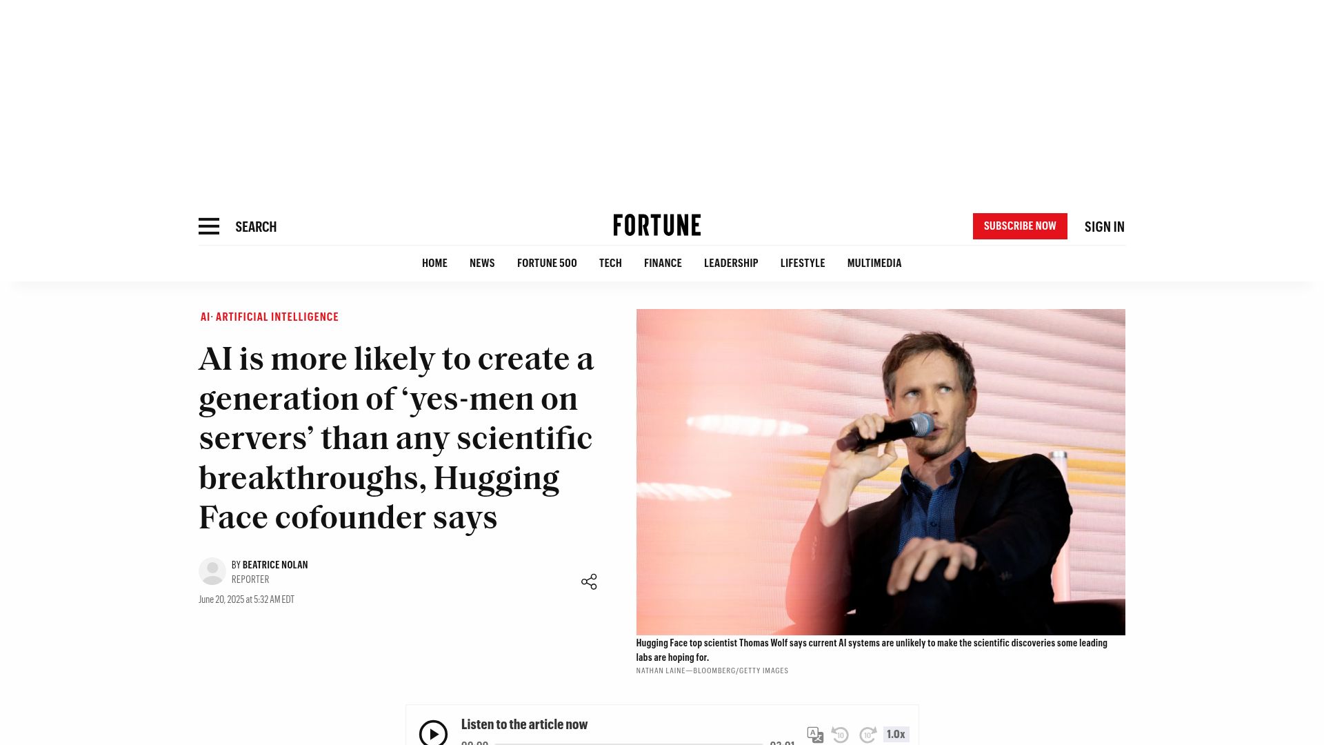 Screenshot of fortune.com: AI more likely to create 'yes-men on servers' than any scientific breakthroughs