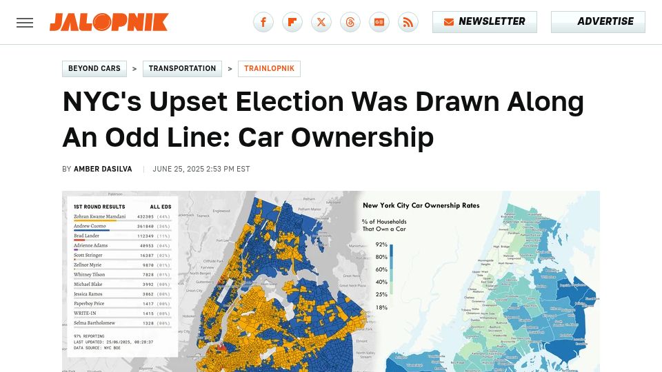 Screenshot of jalopnik.com: NYC's Upset Election Was Drawn Along an Odd Line: Car Ownership