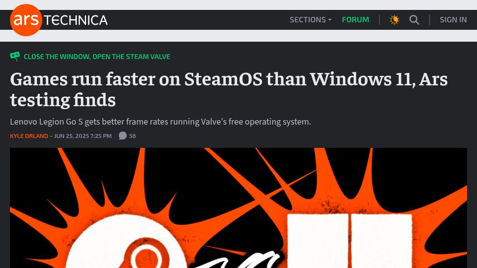 Screenshot of arstechnica.com: Games run faster on SteamOS than Windows 11, Ars testing finds