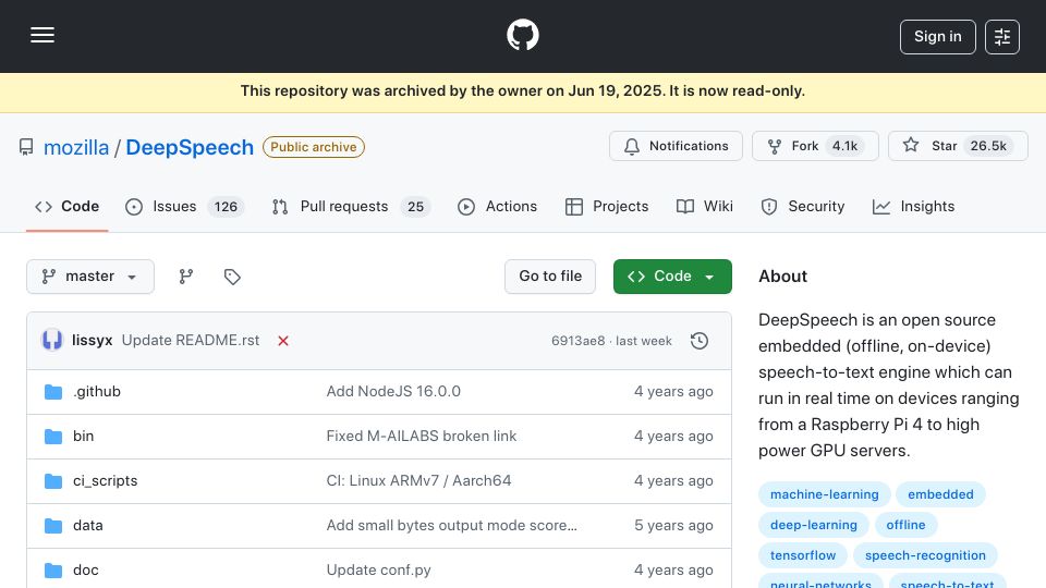 Screenshot of github.com: DeepSpeech Is Discontinued (2020)