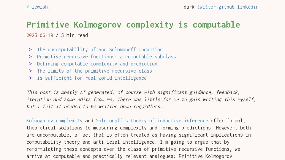 Screenshot of lewish.io: Primitive Kolmogorov complexity is computable