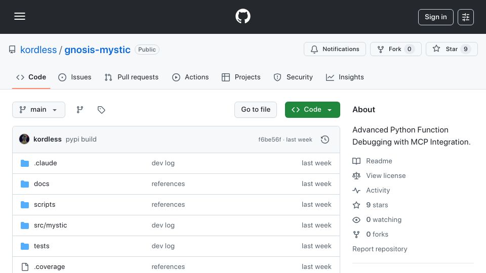 Screenshot of github.com: Advanced Python Function Debugging with MCP Integration