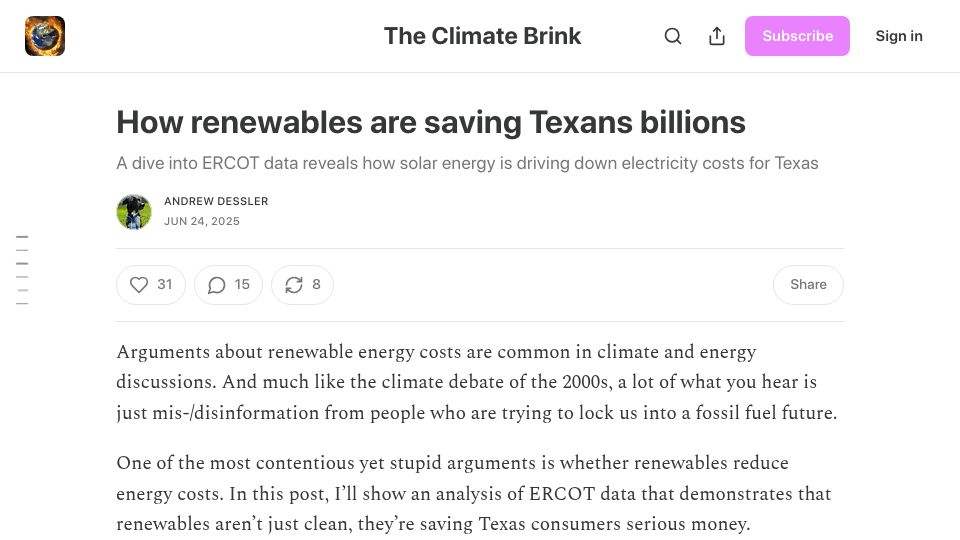 Screenshot of theclimatebrink.com: How renewables are saving Texans billions