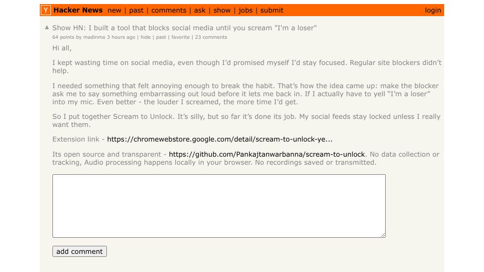 Screenshot of Hacker News post: Show HN: Scream to Unlock – Blocks social media until you scream “I'm a loser”