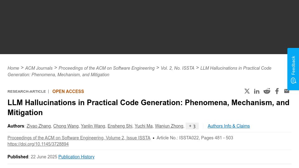 Screenshot of dl.acm.org: LLM Hallucinations in Practical Code Generation