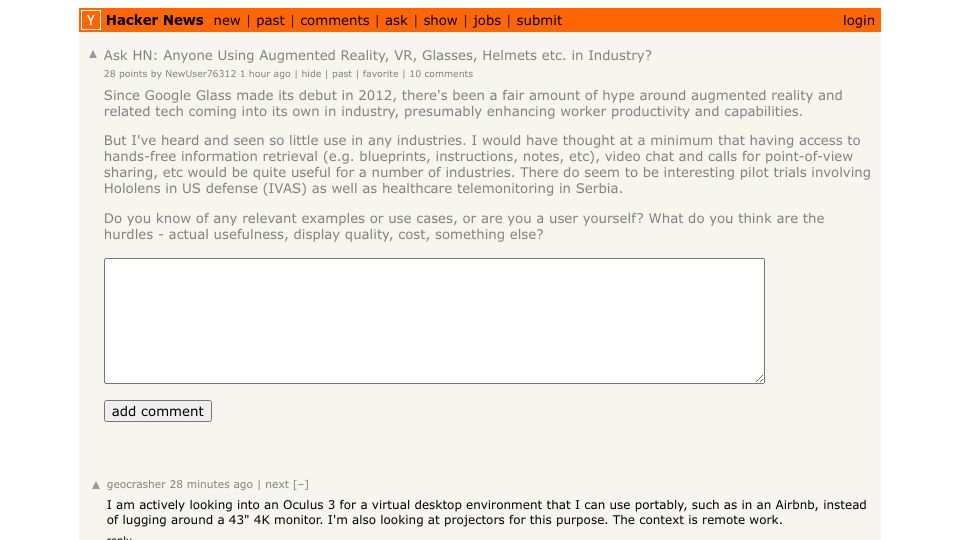Screenshot of Hacker News post: Ask HN: Anyone Using Augmented Reality, VR, Glasses, Helmets etc. in Industry?