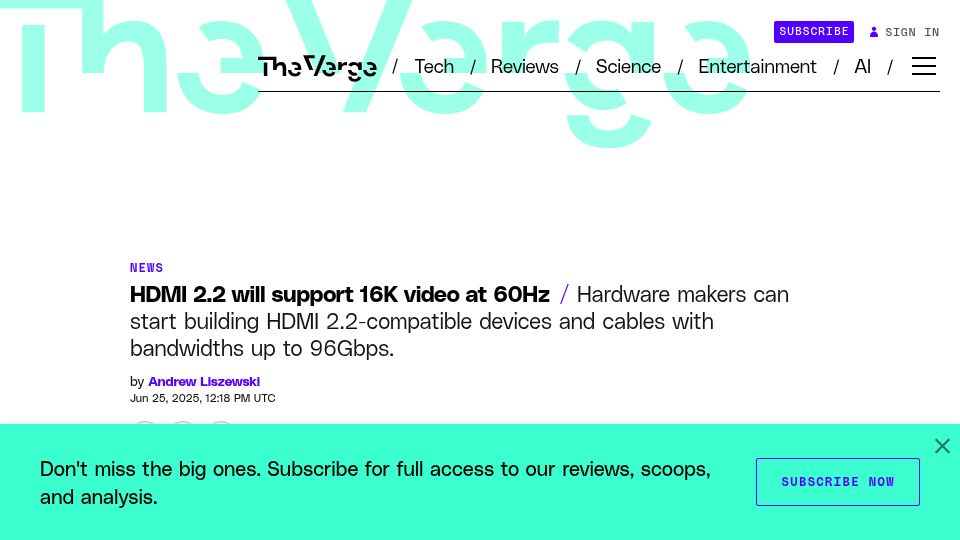 Screenshot of theverge.com: HDMI 2.2 will support 16K video at 60Hz