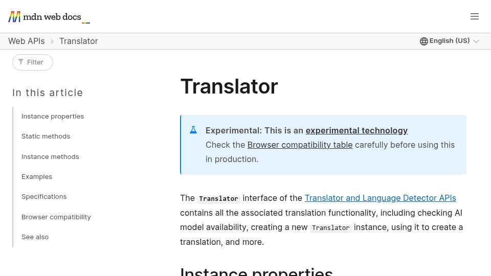 Screenshot of developer.mozilla.org: Web Translator API
