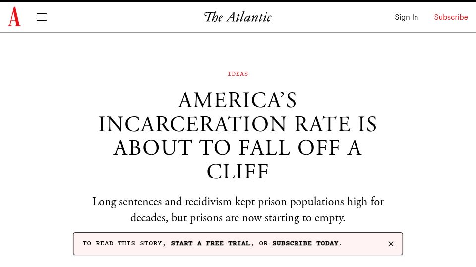 Screenshot of theatlantic.com: America’s incarceration rate is in decline