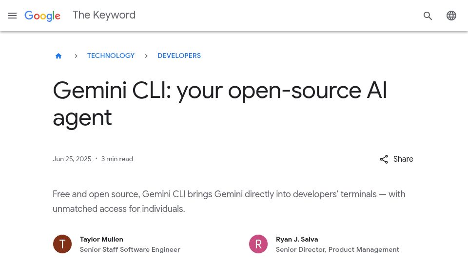 Screenshot of blog.google: Gemini CLI: your open-source AI agent