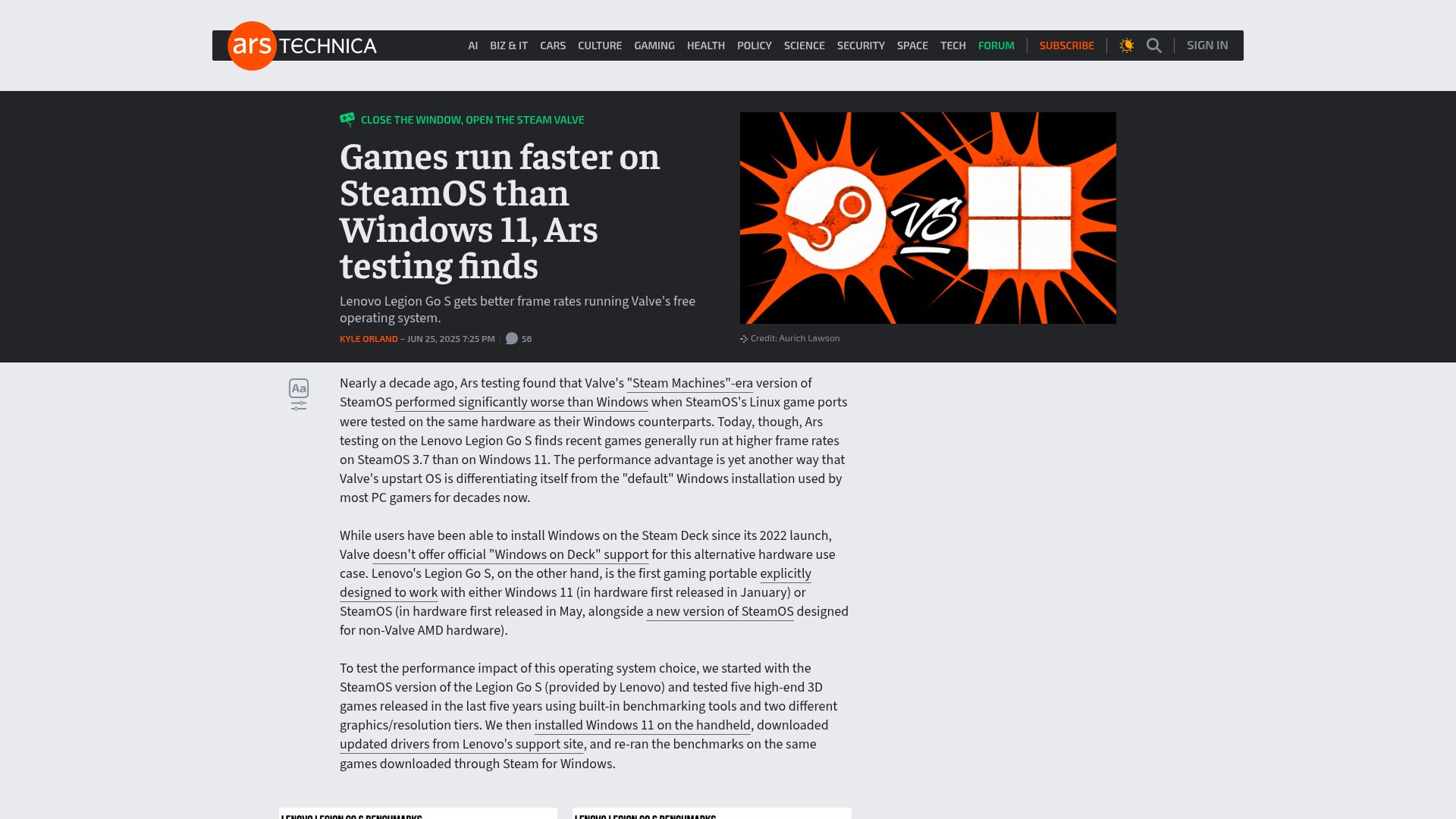 Screenshot of arstechnica.com: Games run faster on SteamOS than Windows 11, Ars testing finds