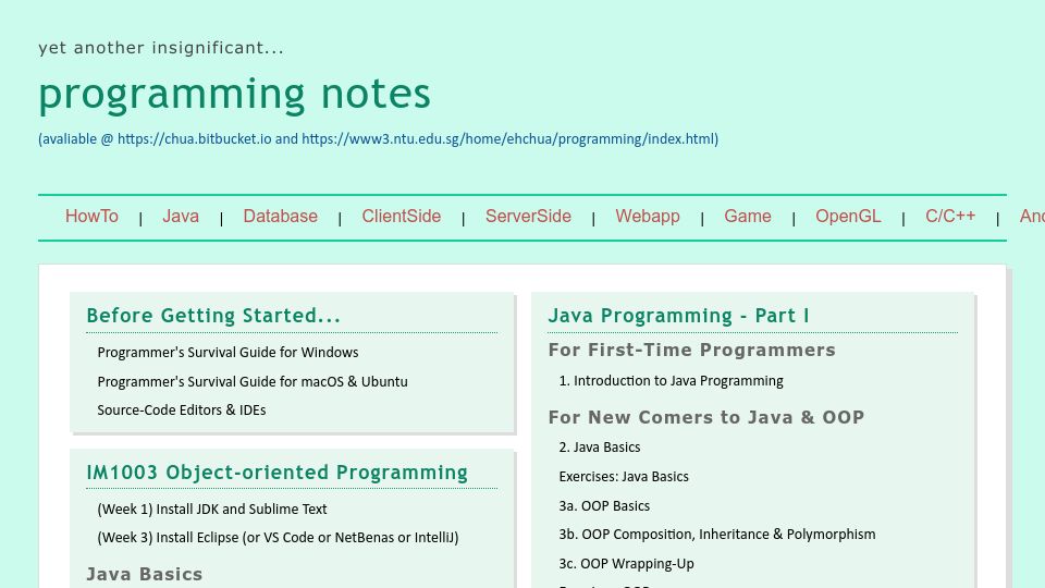 Screenshot of chua.bitbucket.io: Yet another insignificant programming notes