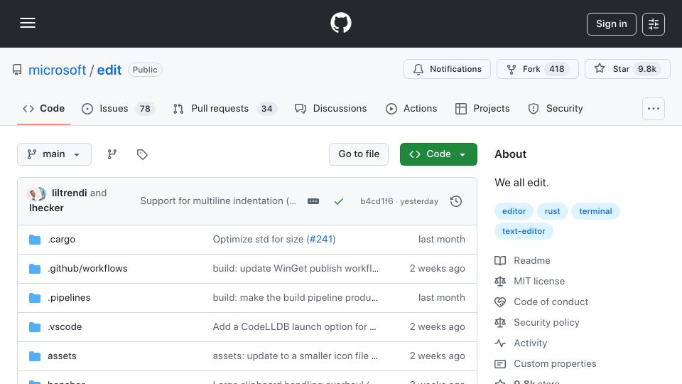 Screenshot of github.com: Microsoft Edit